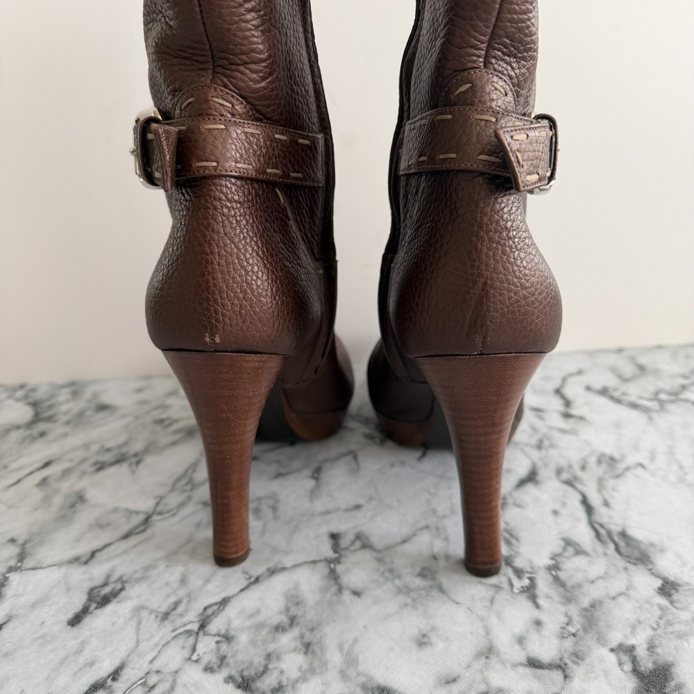 Fendi Italy Brown Pebbled Leather Whipstitch Ankle Buckle Boots Platform 41 (11) - Picture 6 of 16